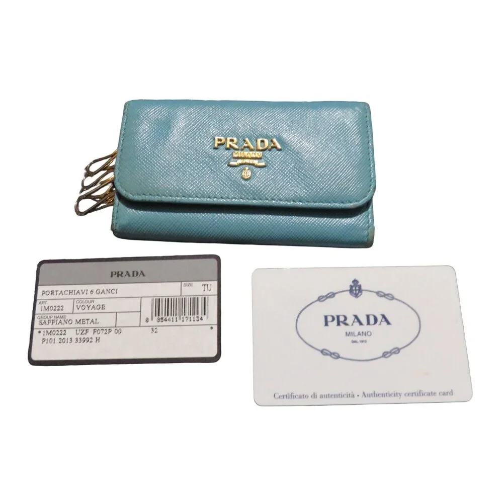 PRADA Voyager Italian Saffiano Leather Metal 6 Key Holder Cobalt Turquoise Blue